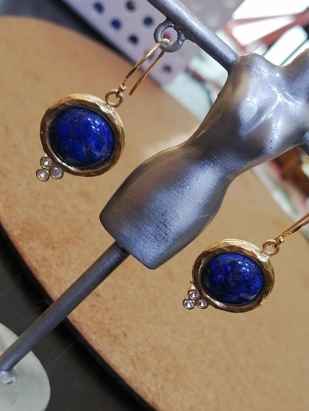 Designer's Israel YAM Lapis Lazuli Gold Plated Drop Earrings Crystal Accents